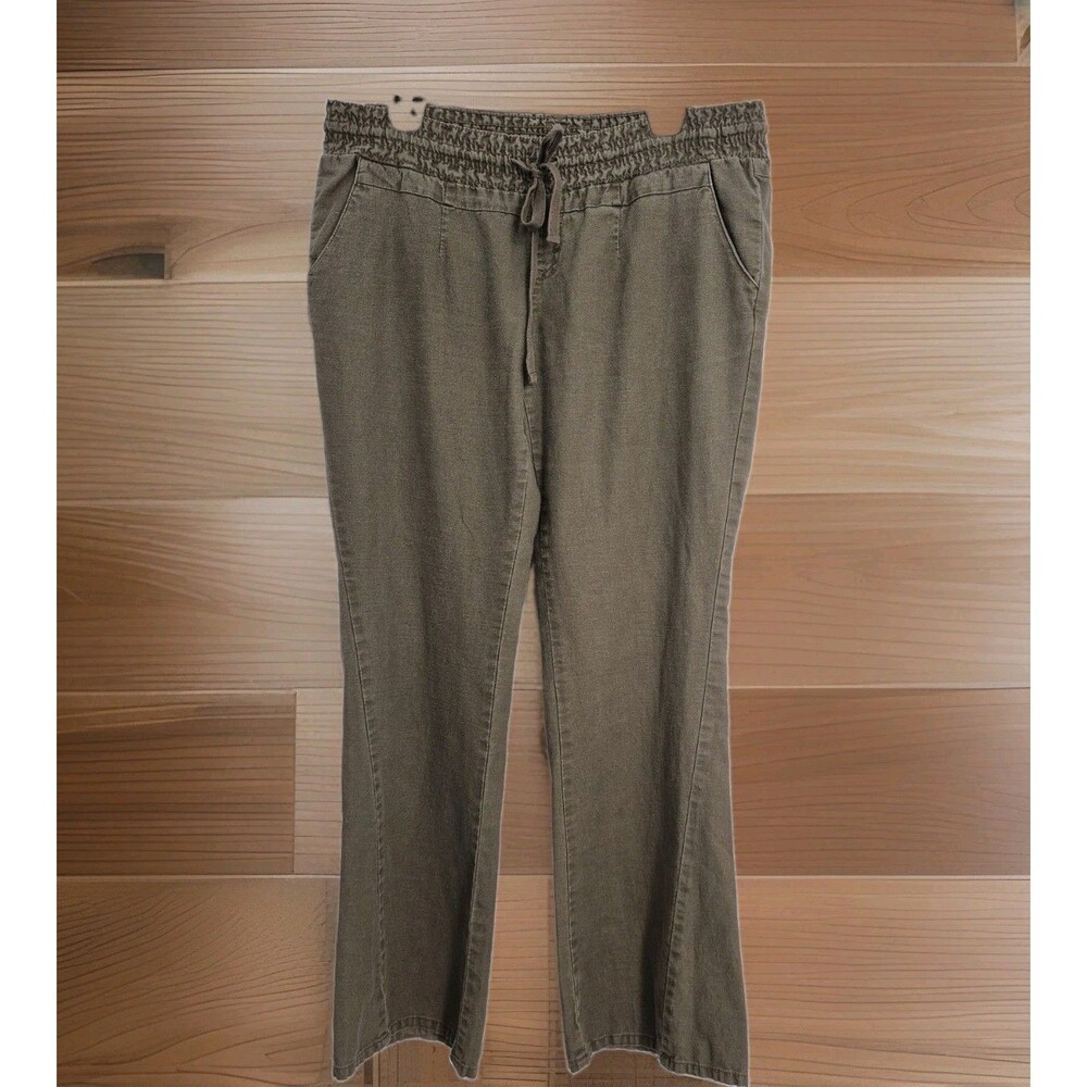 Roxy Linen Blend Drawstring Smocked Waist Beach Pants Olive Green Womens L GUC